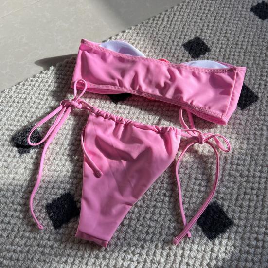 2 шт./компл. женский сексуальный комплект бикини с цветочным декором, бюстгальтер-бандо, трусы для плавания на шнуровке, комплект однотонного быстросохнущего купальника, пляжная одежда