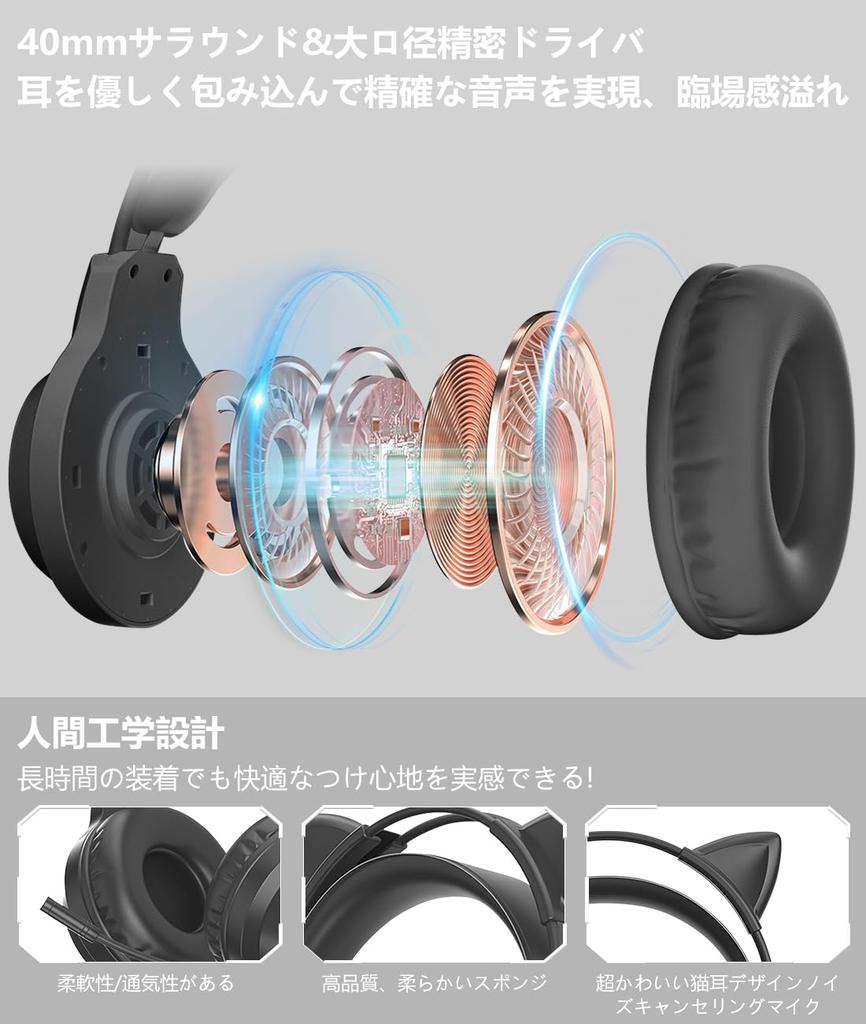 Наушники Cat Ear Наушники Игровые наушники Игровая гарнитура 40-мм драйвер Кошачьи уши и вращающийся шумоподавляющий микрофон Съемные герметичные накладные наушники