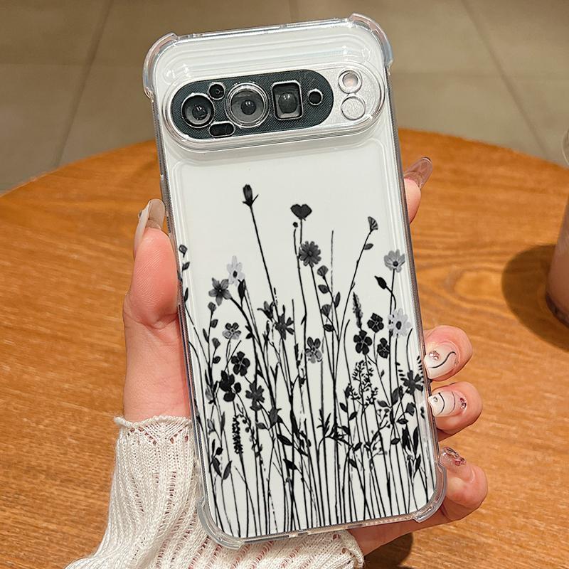 Black Floral Printed Clear TPU Phone Case For Google Pixel 9 Pro Pixel 9 Pro XL Soft Silicone Back Cover For Google Pixel 9A