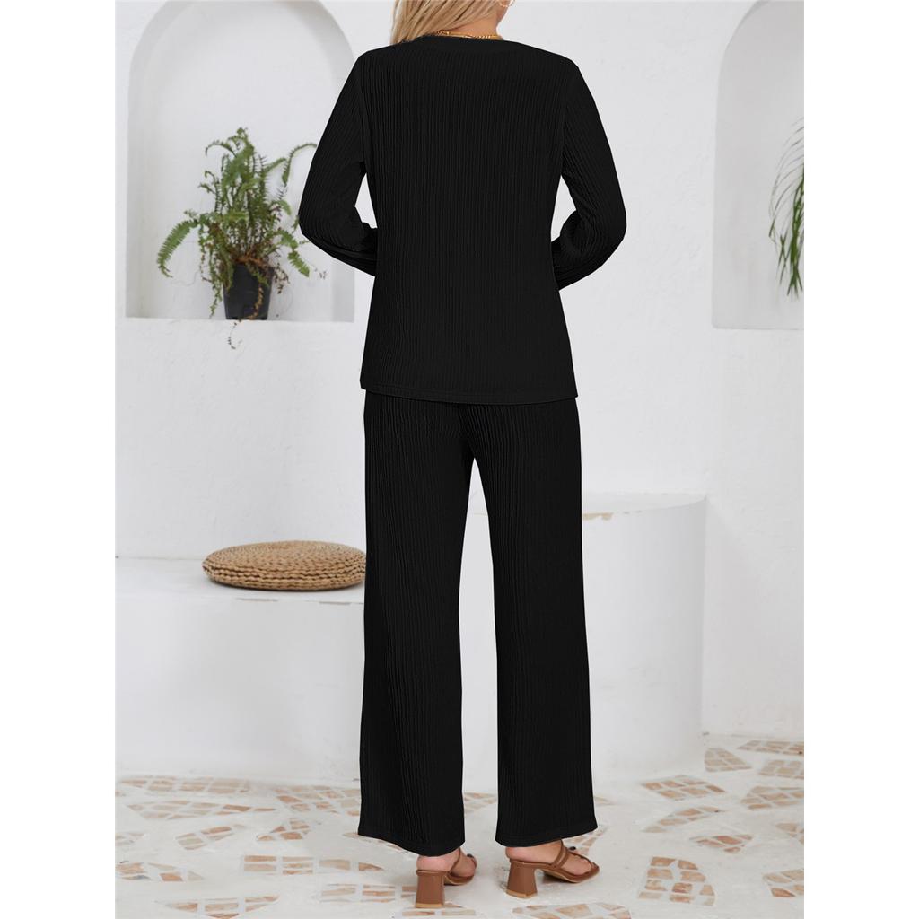 Женские комплекты свободного покроя из трикотажного жаккарда с длинными рукавами и круглым вырезом, брюки с высокой талией и завязками