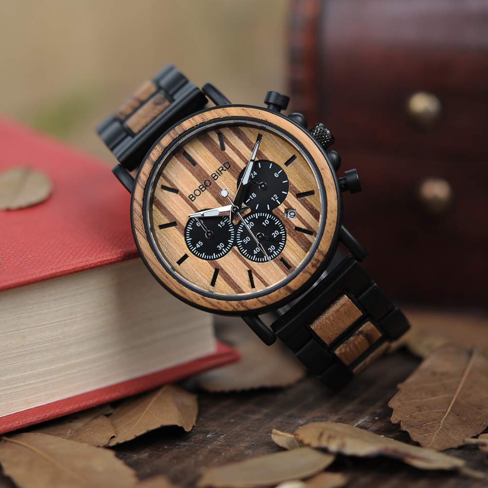 BOBO Bird Wooden Stylish Wood Stainless Steel Chronograph Military Quartz Casual Black Wood Band Men's Watch, & Watch,