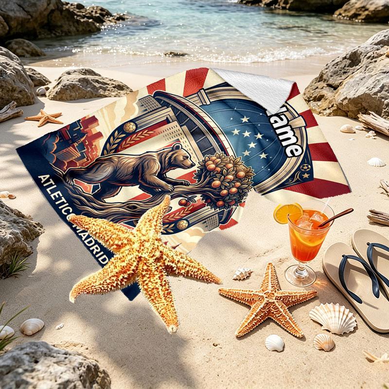 Custom Name Personalized Atletico Madrid Print Beach Towel, for Trip Camping Beach Party Home Decor, Birthday Gift for Family & Friends