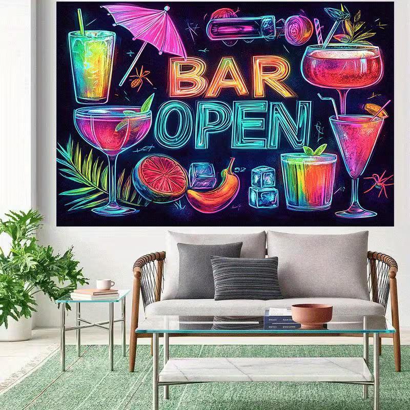 2D Neon BAR OPEN Cocktail Backdrop Tropical Fruit Pub Party Photo Banner