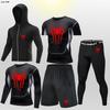 Mens Compression Fitness Set 5pcs Running Gym Workout Suit Long Sleeve Hooded Tight Sportswear Breathable Quick Dry