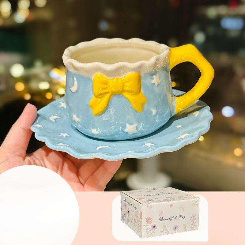 Small Fresh Starry Sky Cup and Saucer Ceramic Coffee Cup Office Girl Heart Bow Afternoon Tea Cup and Saucer Souvenir
