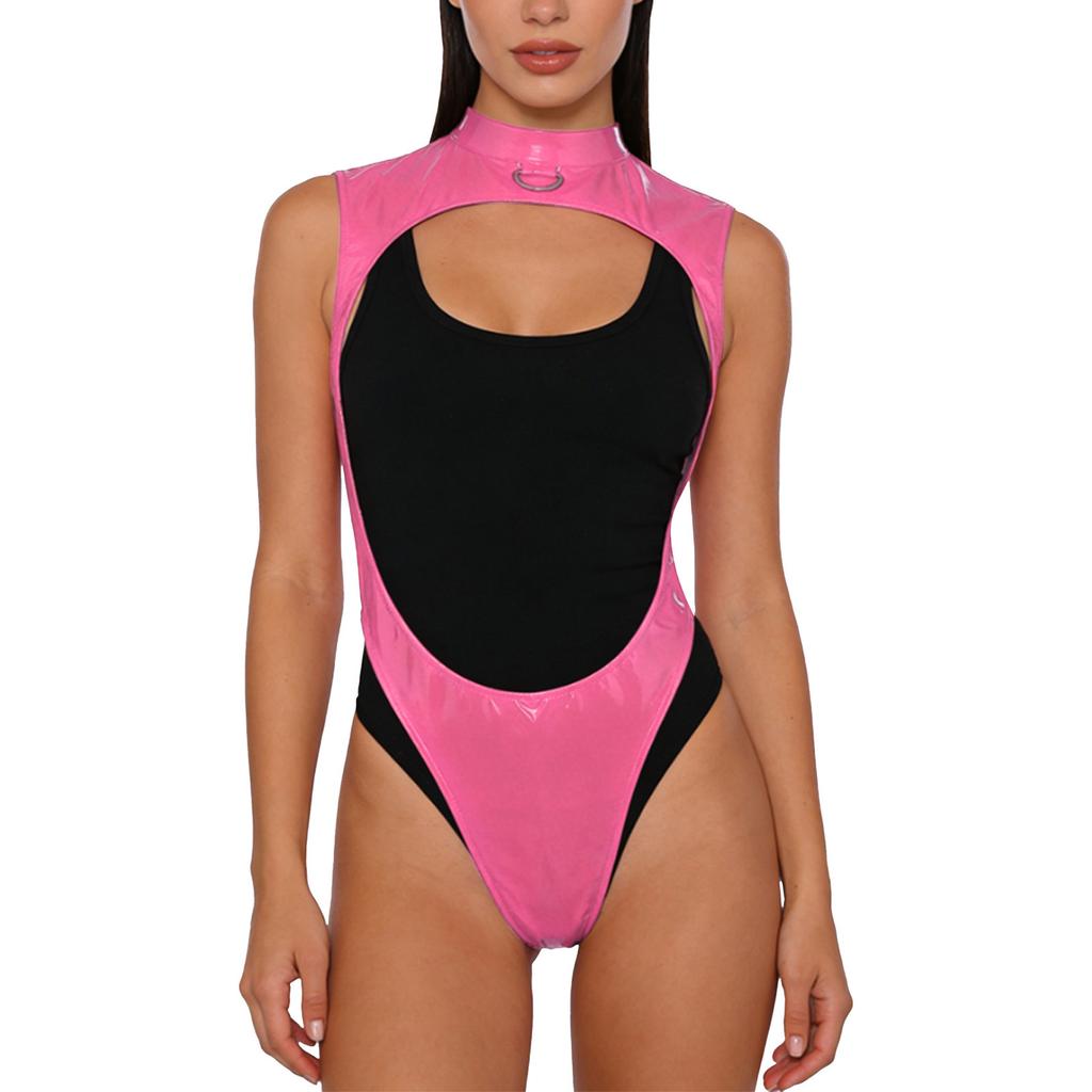 Womens Glossy Pu Leather Bodysuit Mock Neck Metal D Ring Open Front Backless High Cut Leotard