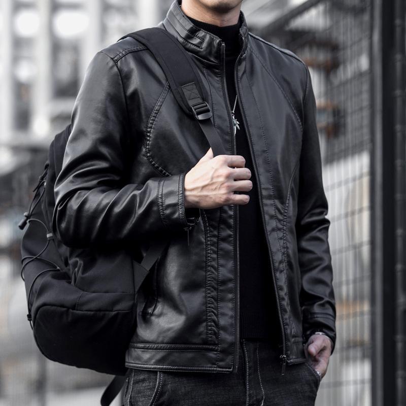 Осенняя кожаная куртка с воротником-стойкой, мужская новая кожаная куртка из искусственной овчины, куртка из искусственной кожи в американском ретро-стиле для мотоциклистов, водонепроницаемая куртка, тренд