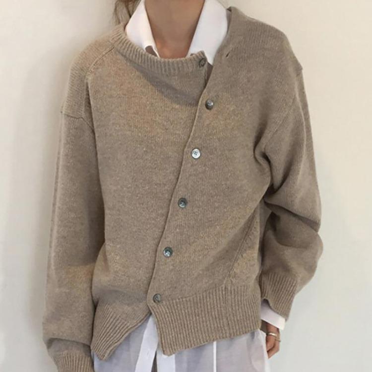 Fashion Elegant Vintage Knit Coats for Women Autumn Winter Round Neck Cardigan Sweater Jacket Irregular Oblique Button Knitted 25140