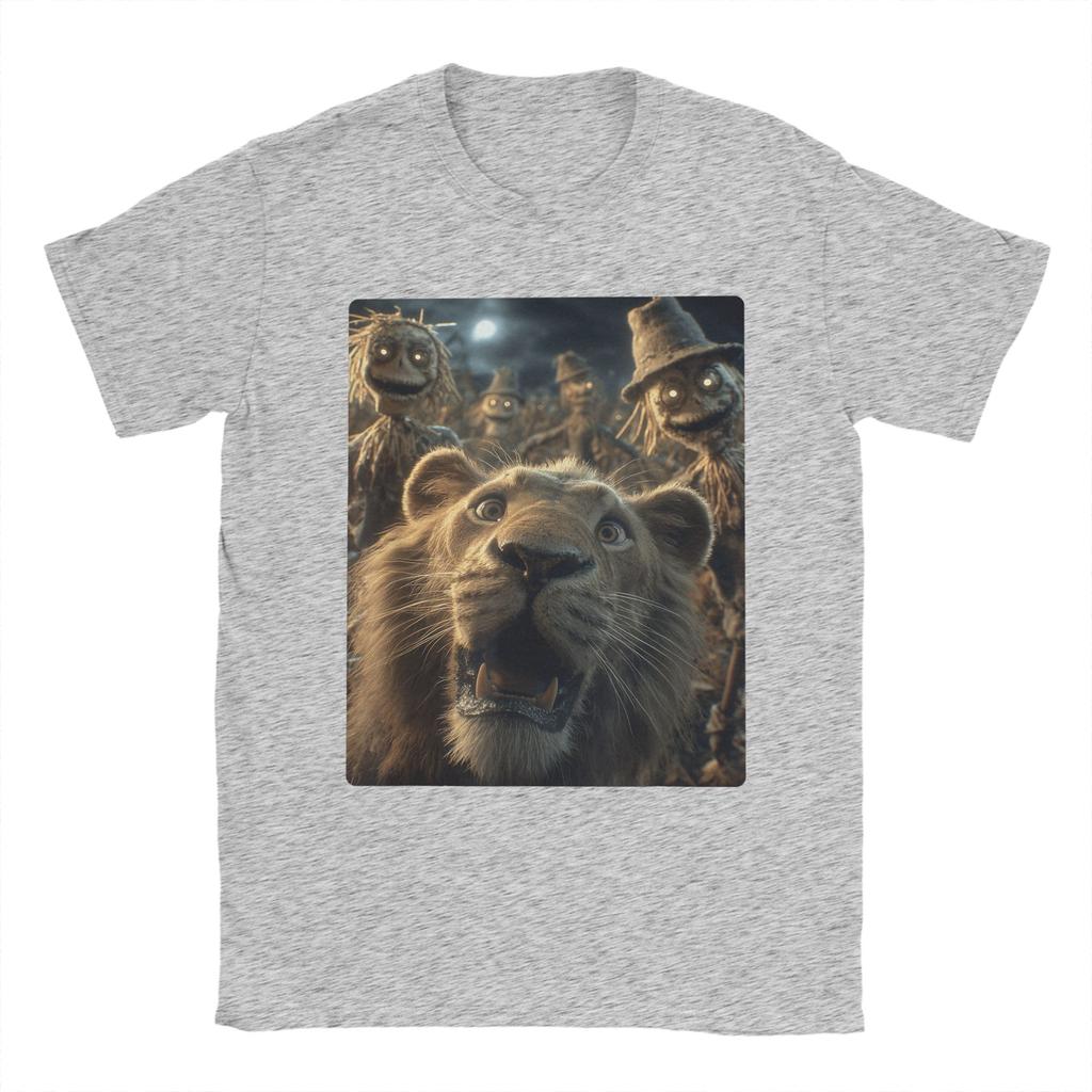 Men T-Shirts Funny Lion Selfie With Scarecrows Novelty Cotton Tee Shirt Scary Halloween T Shirt Crewneck merchandise Plus Size