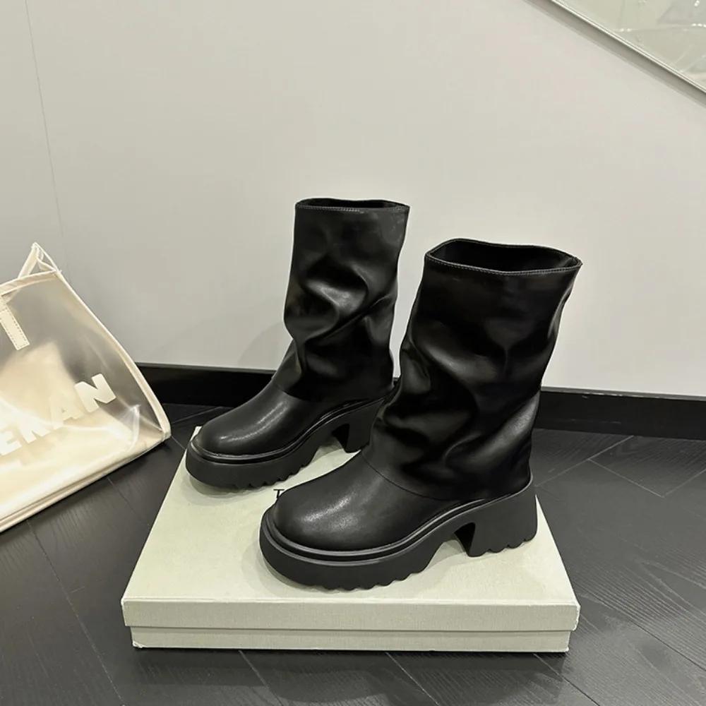 Короткие сапоги на платформе женские 2024 осень и зима новые водонепроницаемые сапоги на платформе универсальный дизайн Sense кожаные женские сапоги обувь