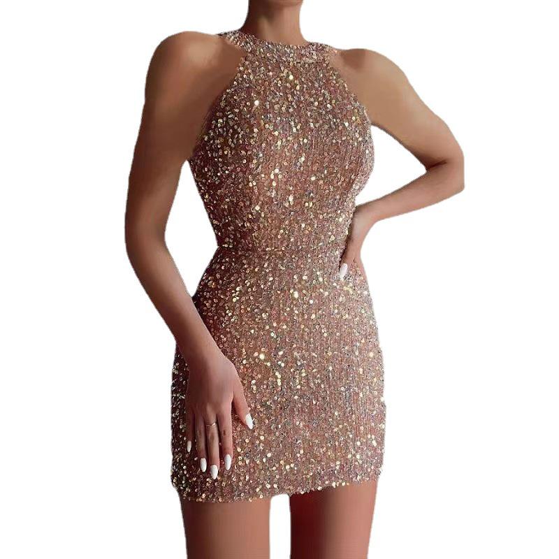 2024 Euro-American Crystal Tassel Halter Sequin Evening Dress