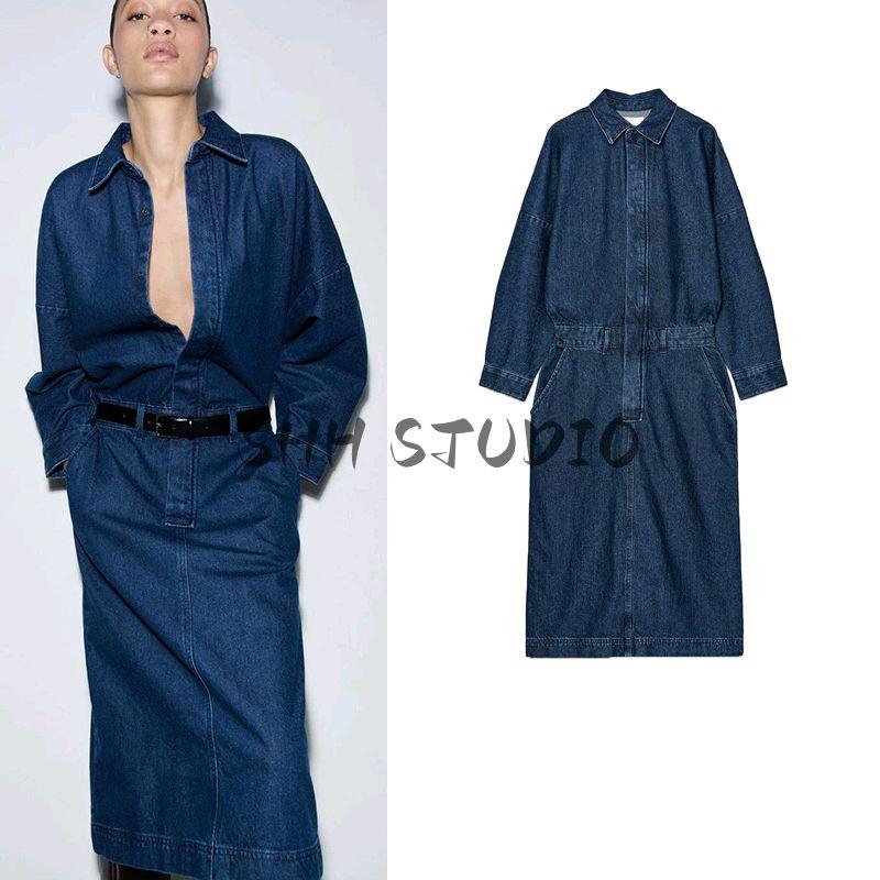 Spring New Women's Clothing French Style All-Matching Waistband Denim Long Sleeves Lapel Midi Skirt Dress 4441250