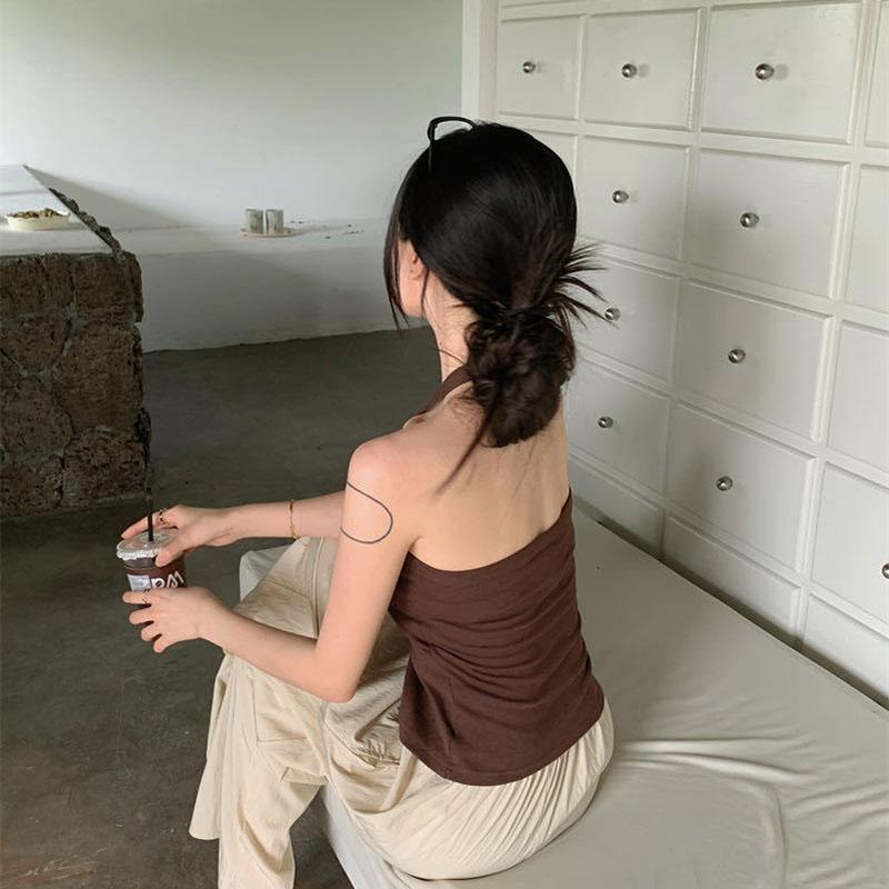 Женский летний однотонный топ без рукавов с открытой талией и лямками