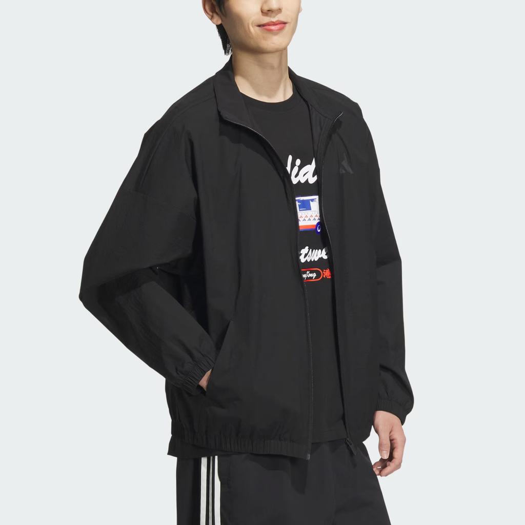 Adidas Lounge Woven Sportswear Logo Waterproof Loose Fit Stand Collar Drop Shoulder Long Sleeve Jacket Men Jacket Black JZ8408