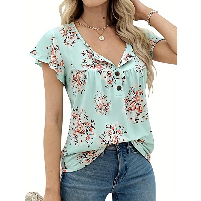Женская свободная футболка с коротким рукавом и принтом, присборенная на пуговицах