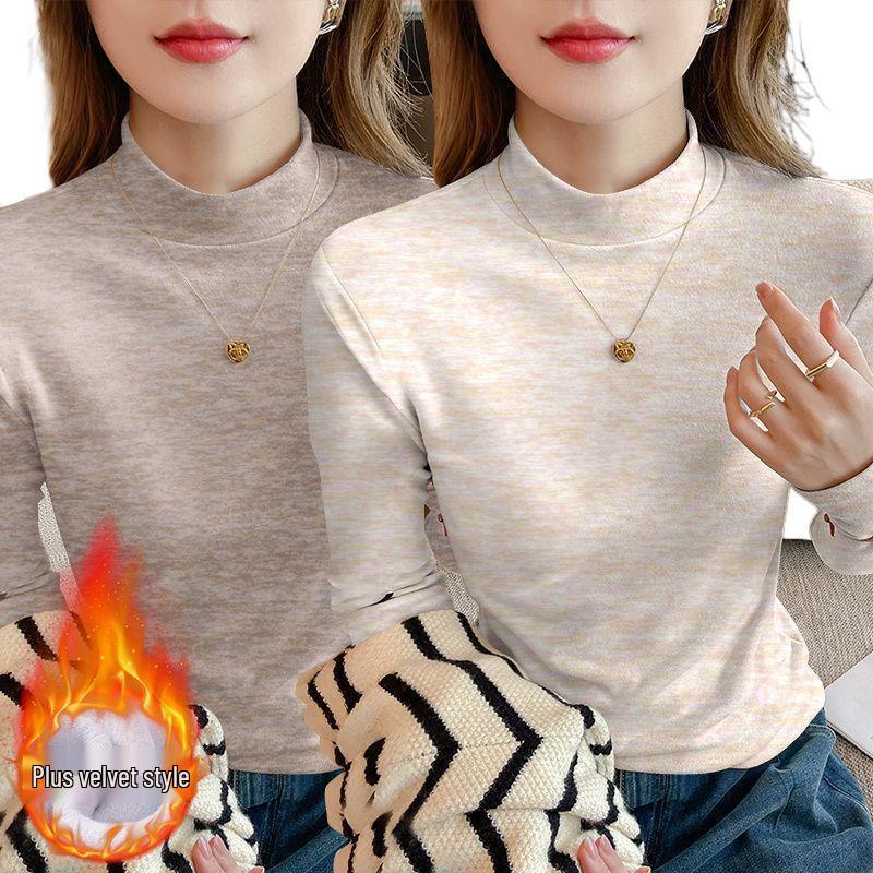 Осень 2025 Большой размер Приталенный Топ-база с длинным рукавом Свободный для женщин с воротником-стойкой