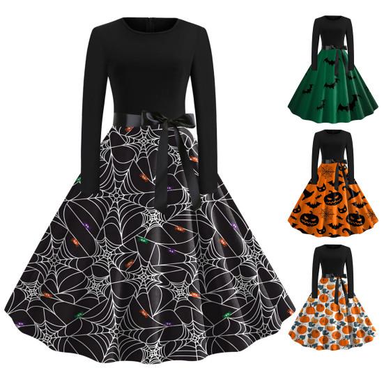 Женское платье на Хэллоуин 1950-х годов Ретро-трапеция с большими качелями и длинными рукавами Винтажное платье-качели с принтом летучей мыши и тыквы Коктейльный костюм для выпускного вечера