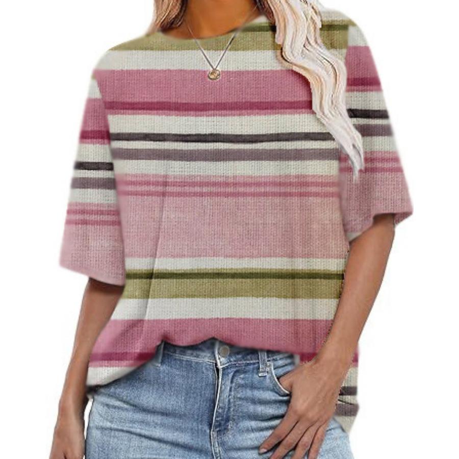 Женские повседневные свободные футболки с круглым вырезом и короткими рукавами в полоску с цифровой печатью для женщин