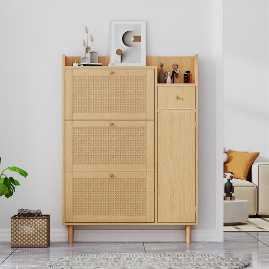 Shoe Rack Free Standing Cabinet with 3 Tilt Doors 1 Drawer Wood Handles Storage Solid Legs Space Saving No Burrs Small Closed Style Organizer