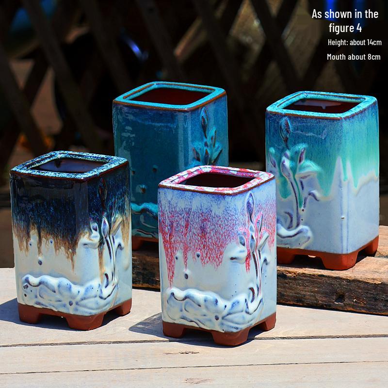 Терракотовый горшок для суккулентов ручной работы, большой квадратный с глянцевой глазурью и дышащим дизайном.