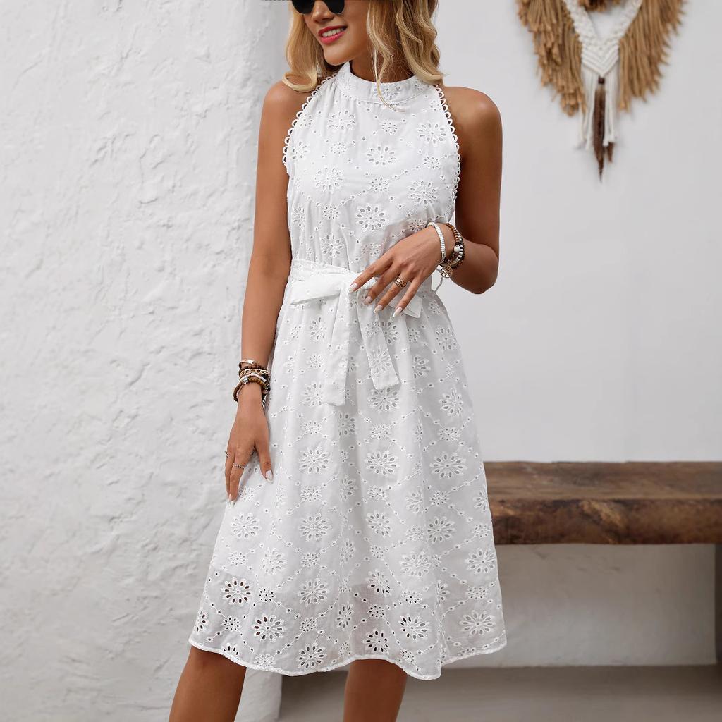 Women Summer Casual Sleeveless White Lace One Piece Dress