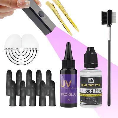 Полный набор инструментов для наращивания волос с УФ-лампой, полная система для наращивания волос салонного качества, УФ-лампочка для удаления клея с волос, УФ-лампа для удаления клея