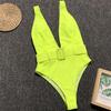 Neon Green One Piece Swimsuit Women Swimwear Bather With Waistband High Waist Swim Wear Monokini