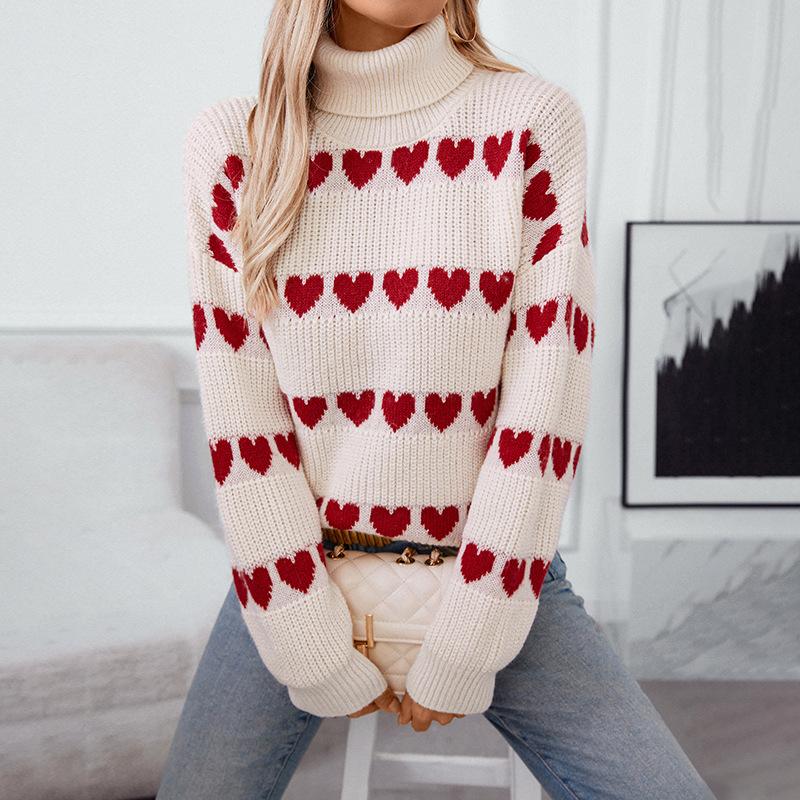 Women's Fall/winter Sweater Loose Casual Love Jacquard Turtleneck Pullover Knit Sweater