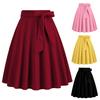 Women Skirt Belted Tight Waist Bow Decor A-line Big Swing Solid Color High Waist Soft Ruffle Summer Dating Party Midi Skirt
