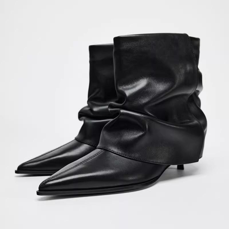 Black Pointed Toe Soft Leather Ankle Boots for Women Fashion Pleated Kitten Heel Designer Boots 2026 Winter New Botas Para Mujer