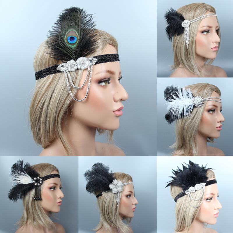 Women Cocktail Feather Headband 1920s Vintage Gatsby Party Headpiece Rhinestone Beaded Lady Black