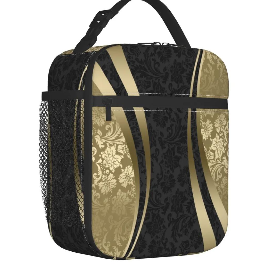 Grey Gold Geometry Art Deco Insulated Lunch Bag for Outdoor Picnic Abstract Geometry Portable Cooler Thermal Bento Box Women Kid