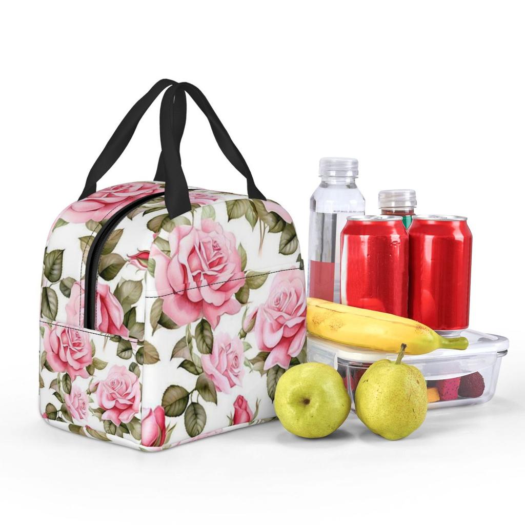 Pink Rose Watercolor Pattern Insulated Lunch Bag for Women Kids Portable Food Boxes Thermal Lunch Box Tote