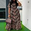 Plus Size Summer Women Round Neck Short Sleeve Print Ruffled Long Dresses