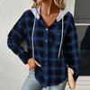 Autumn Winter Women Hoodie Coat Plaid Solid Color Stitching Hooded Drawstring Patch Pocket Long Sleeve Single Breasted Sweatshirt Jacket