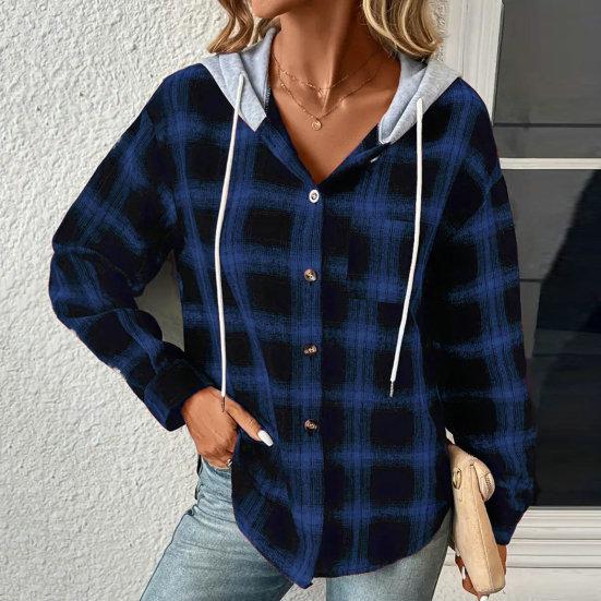 Autumn Winter Women Hoodie Coat Plaid Solid Color Stitching Hooded Drawstring Patch Pocket Long Sleeve Single Breasted Sweatshirt Jacket