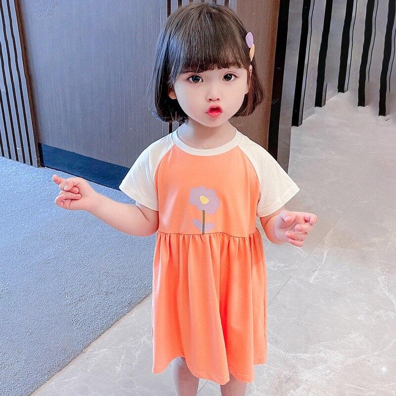 Детское платье для девочек, летнее милое платье-футболка с цветочным принтом, свободное платье с высокой талией