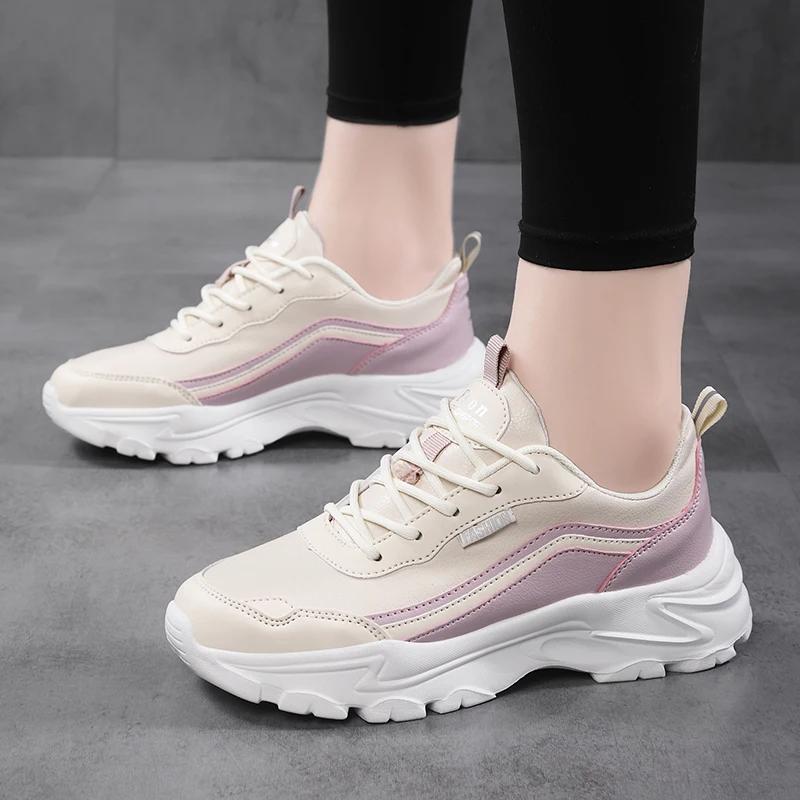 Leisure Sports Women's Single Shoes New Color Blocking Thick Soled Leather Flat Vulcanized Running Shoes Platform Sneakers