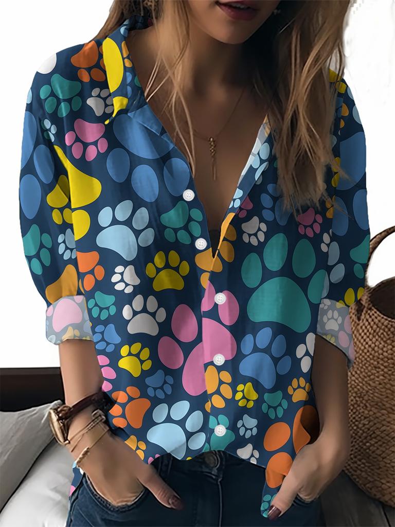 Colorful cartoon element printed lapel shirt women's loose casual and comfortable single-breasted commuter top