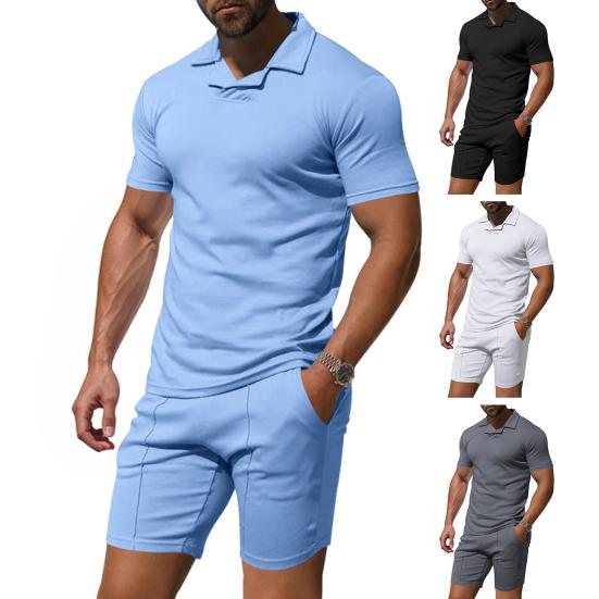 2 шт./комплект мужской наряд пуловер с коротким рукавом отворот топы эластичный шнурок талия карманы шорты комплект однотонная спортивная одежда
