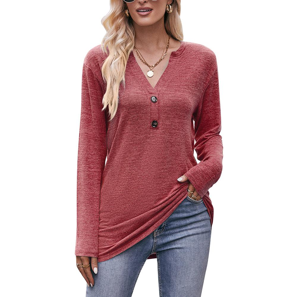 Autumn Women's Casual V-Neck Buttoned Milled Blouse Long Sleeve Top