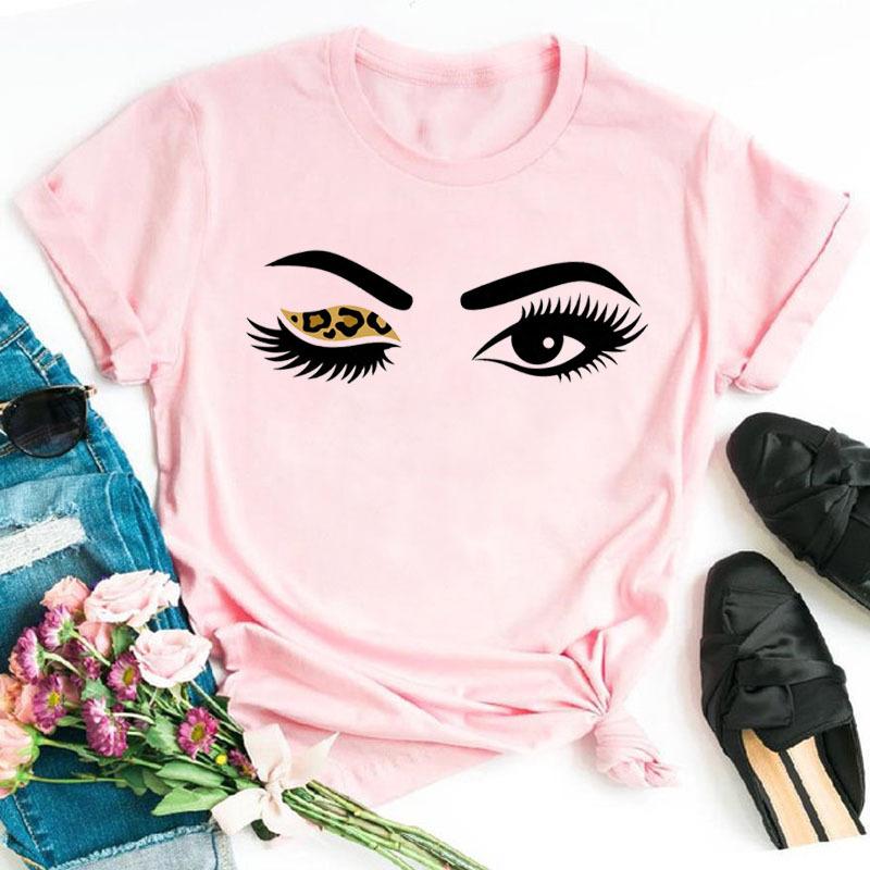 Women's Eyelash Print Loose Casual Simple Round Neck Pure Cotton Short Sleeved T-Shirts Lady Tees