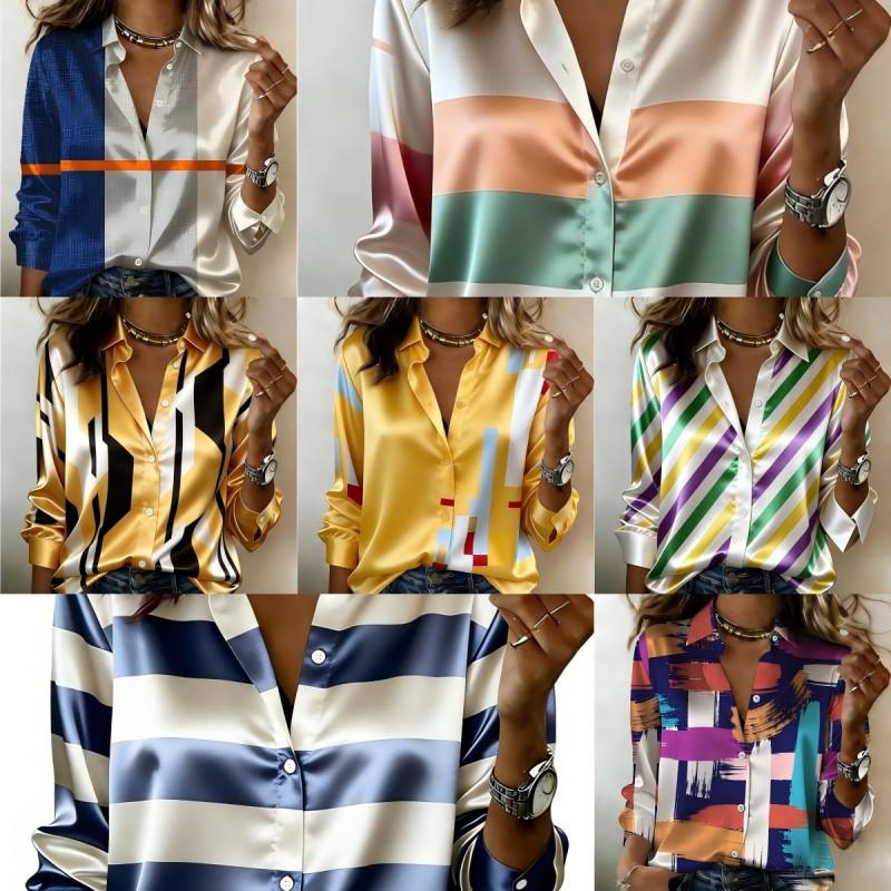 Women Satin Colorful Stripe Block Art Brush Stroke Print Shirt Long Sleeve Lapel Button Down Blouse Casual Office Ladies Multi Color Top