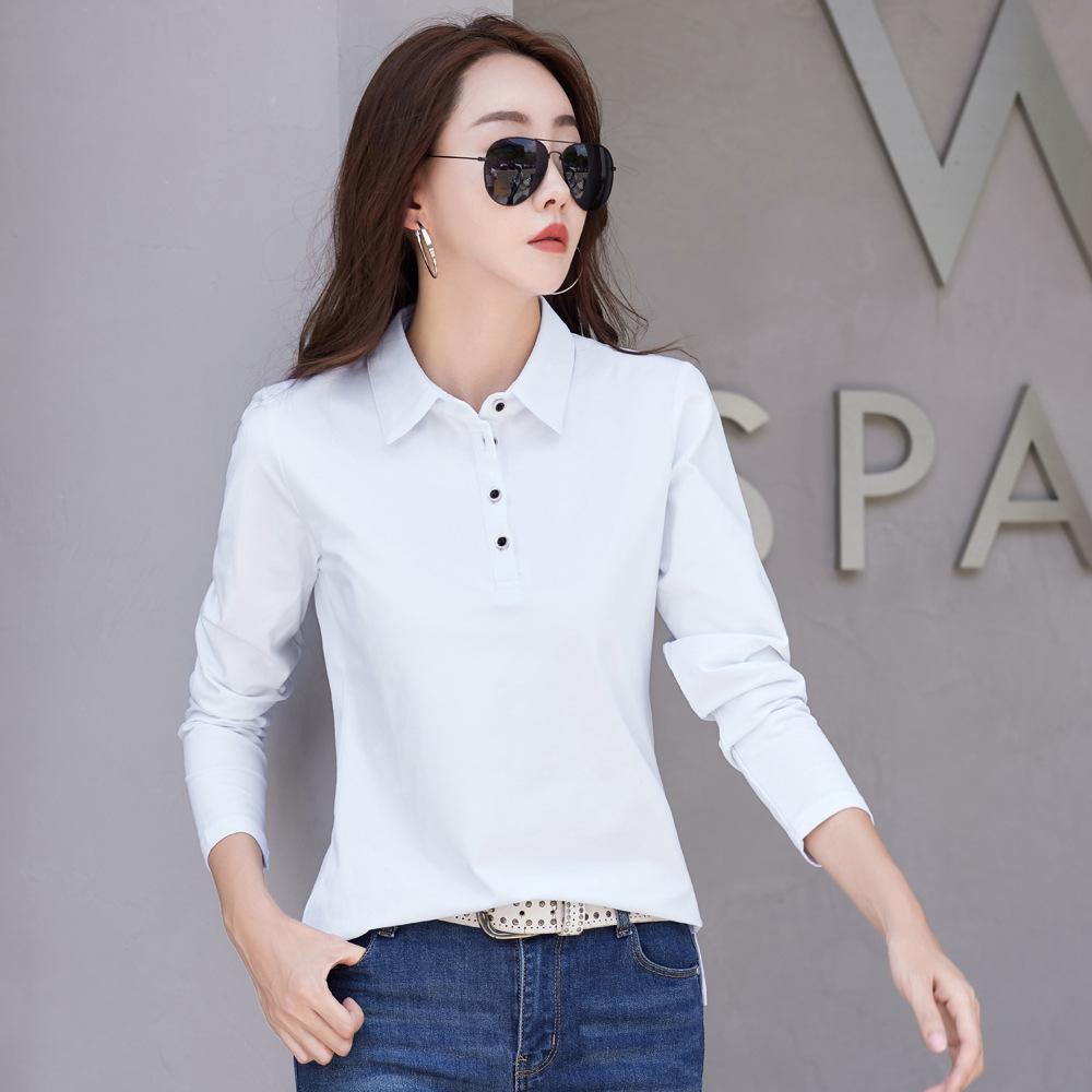 Женская футболка с длинными рукавами и лацканами, корейский стиль, тонкий хлопок, простая рубашка поло на пуговицах, универсальная профессиональная женская одежда
