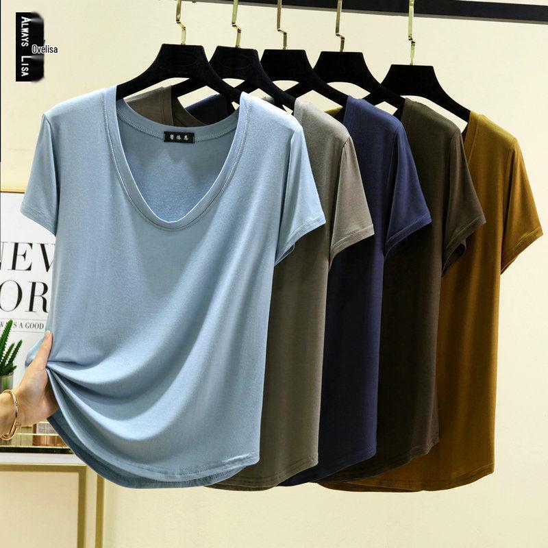 Женский модальный топ с U-образным вырезом, рукавом 3/4, свободного кроя - однотонный, больших размеров, летняя футболка