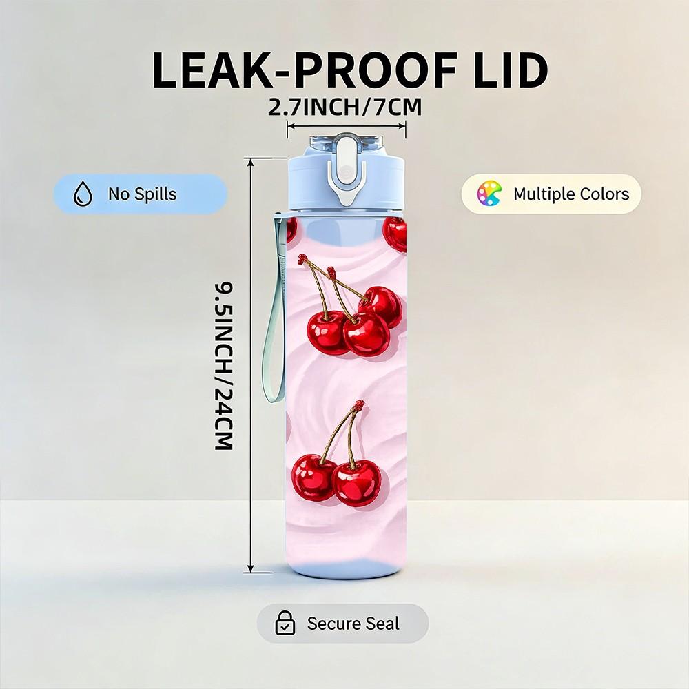 1PC Red Cluster Cherry Fruit Print 750ml Color Plastic Sports Water Bottle Leakproof Flip Straw Lid Suitable for Sports Office Home Use