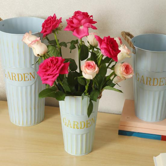 Глубокое ведро-ваза Оцинкованное железное ведро для цветов с веревочными ручками Ретро фермерская ваза для домашней цветочной композиции