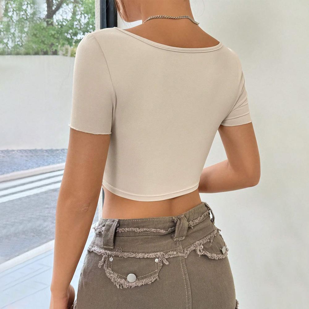 2026 Elegant Woman Sexy Hottie Design Chest Twist Ruffle Deep Solid Color V-Neck Short Top