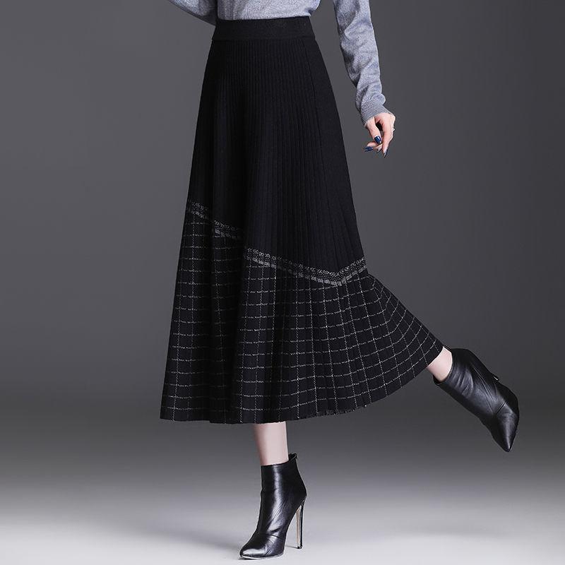 Вязаная миди-юбка с завышенной талией и клетчатым узором для осени/зимы