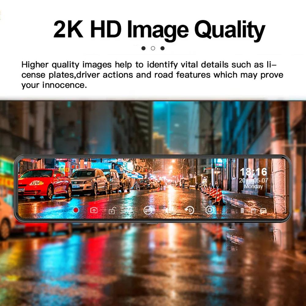 Dash Cam Mirror 12 Inch Touch Screen QHD 2K 3-Lens Video Recorder Rearview Mirror 3 Channel WiFi Car DVR Mirror DVR Black Box